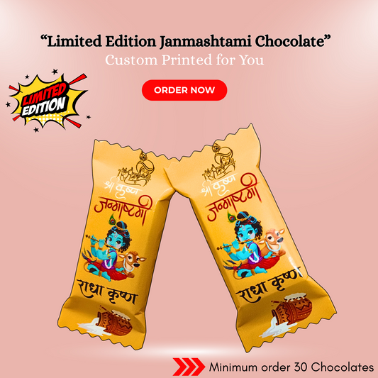 Custom Janmashtami Special Chocolate – Shri Krishna Theme Wrapper with Name Printing